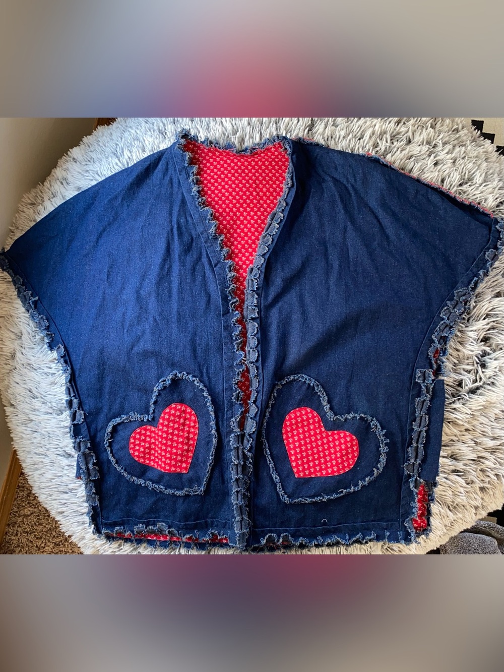 Vintage Artisan Handmade Denim Frayed Cape Vest with Red Heart Pockets